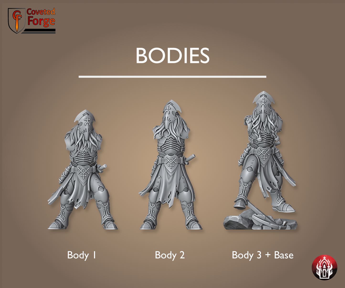 Coveted Forge parts render of the Kr'lieh Keepers body bits, Body 3 shown on its scenic base. Unpainted 32mm-scale 3D-printed resin kitbash bits for grimdark sci-fi tabletop wargaming by Bullet Basilica.