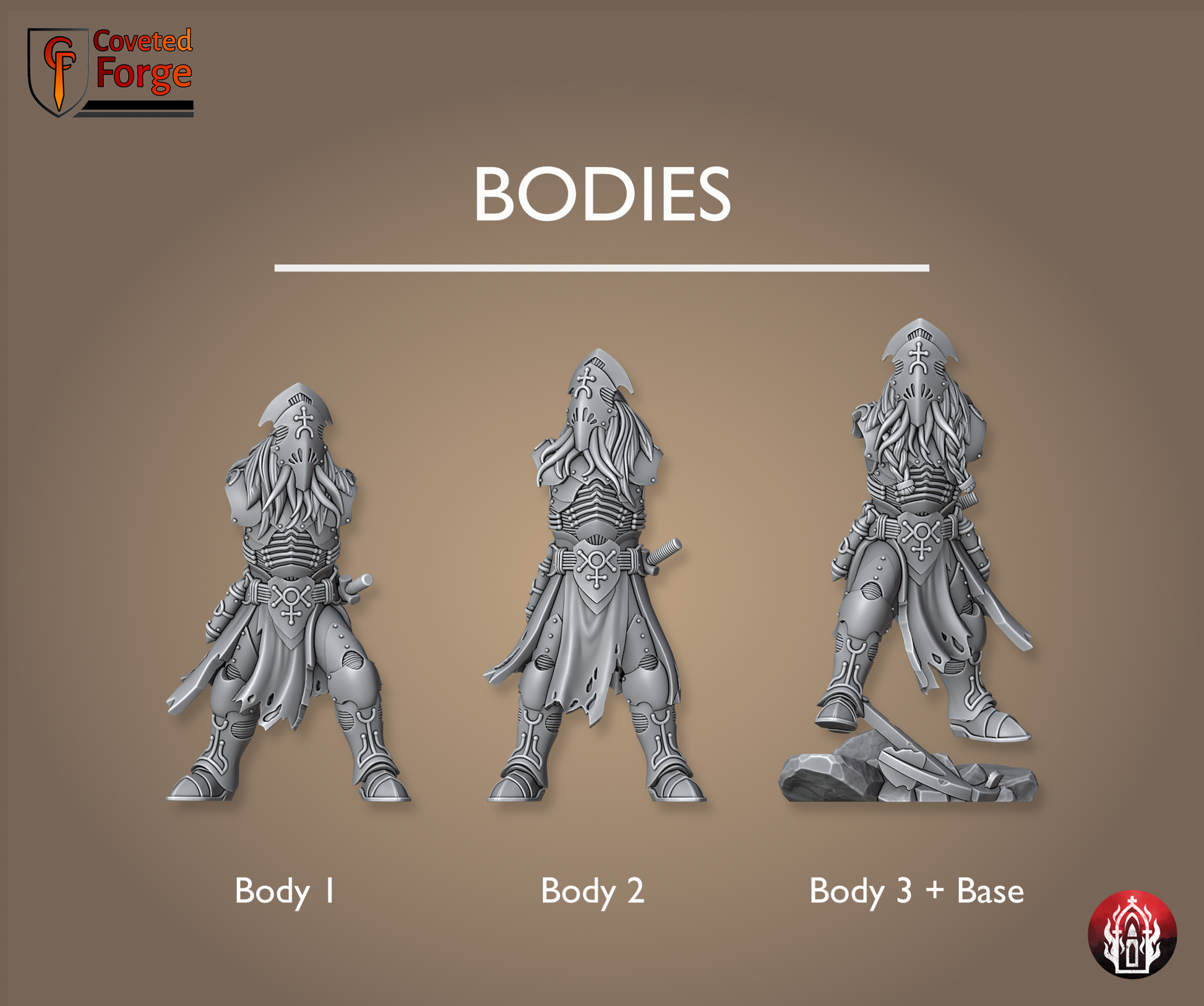 Coveted Forge parts render of the Kr'lieh Keepers body bits, Body 3 shown on its scenic base. Unpainted 32mm-scale 3D-printed resin kitbash bits for grimdark sci-fi tabletop wargaming by Bullet Basilica.
