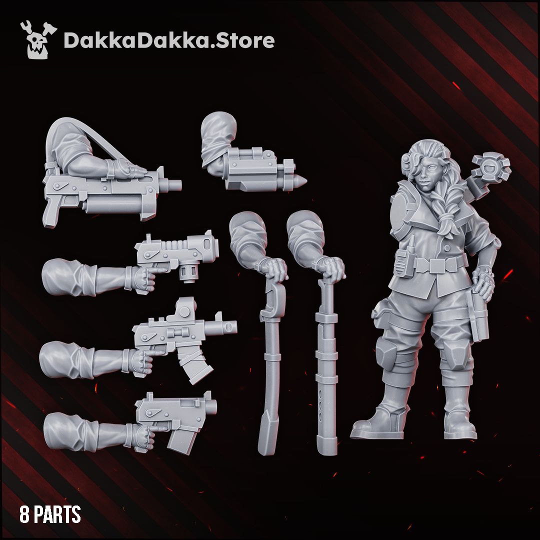 Grey resin parts for the Alcat Rats Garrison Commander with swappable weapon and wargear arm options.