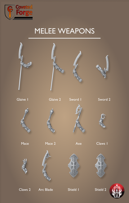 Coveted Forge parts render of the Kr'lieh Keepers melee weapon bits: glaives, swords, maces, axe, claws, arc blade and two shields. Unpainted 32mm-scale 3D-printed resin kitbash arms for grimdark sci-fi tabletop wargaming by Bullet Basilica.