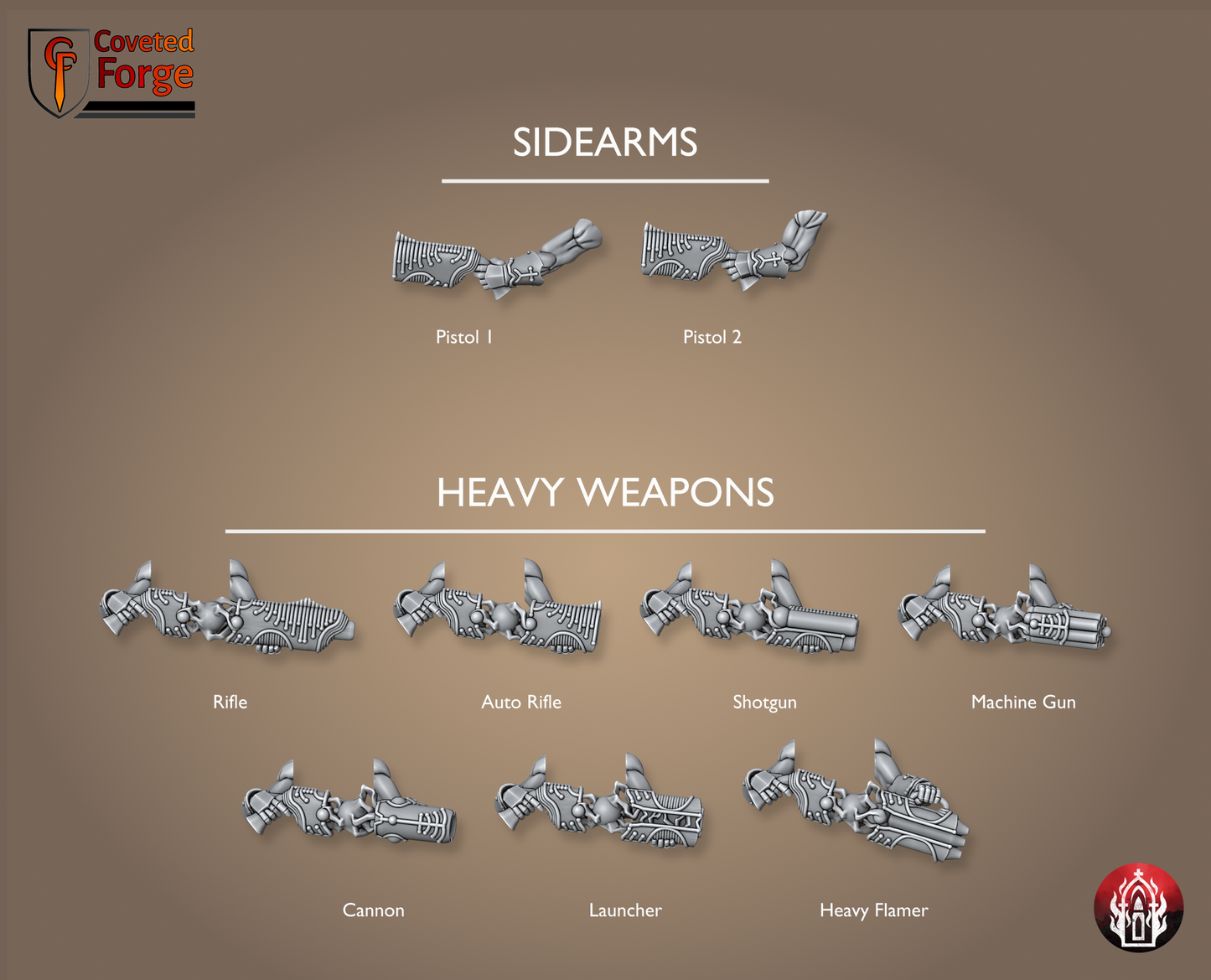 Coveted Forge parts render of the Kr'lieh Keepers ranged weapon bits: pistols plus seven heavy weapons. Unpainted 32mm-scale 3D-printed resin kitbash arms for grimdark sci-fi tabletop wargaming by Bullet Basilica.
