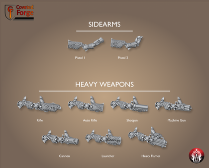 Coveted Forge parts render of the Kr'lieh Keepers ranged weapon bits: pistols plus seven heavy weapons. Unpainted 32mm-scale 3D-printed resin kitbash arms for grimdark sci-fi tabletop wargaming by Bullet Basilica.