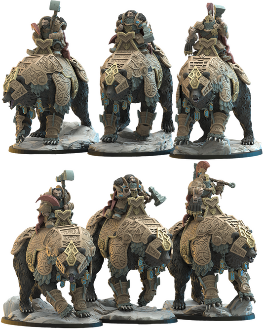 Set of three dwarves on bears with detailed armor and weapons on a white background.
