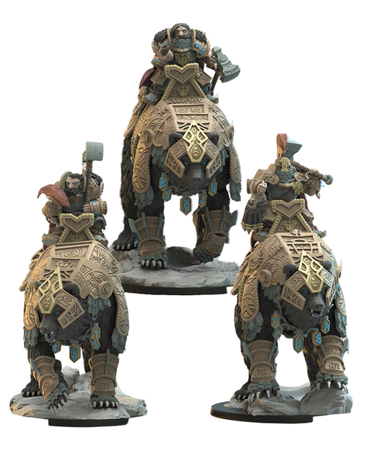 Set of three dwarves on bears with detailed armor and weapons on a white background.