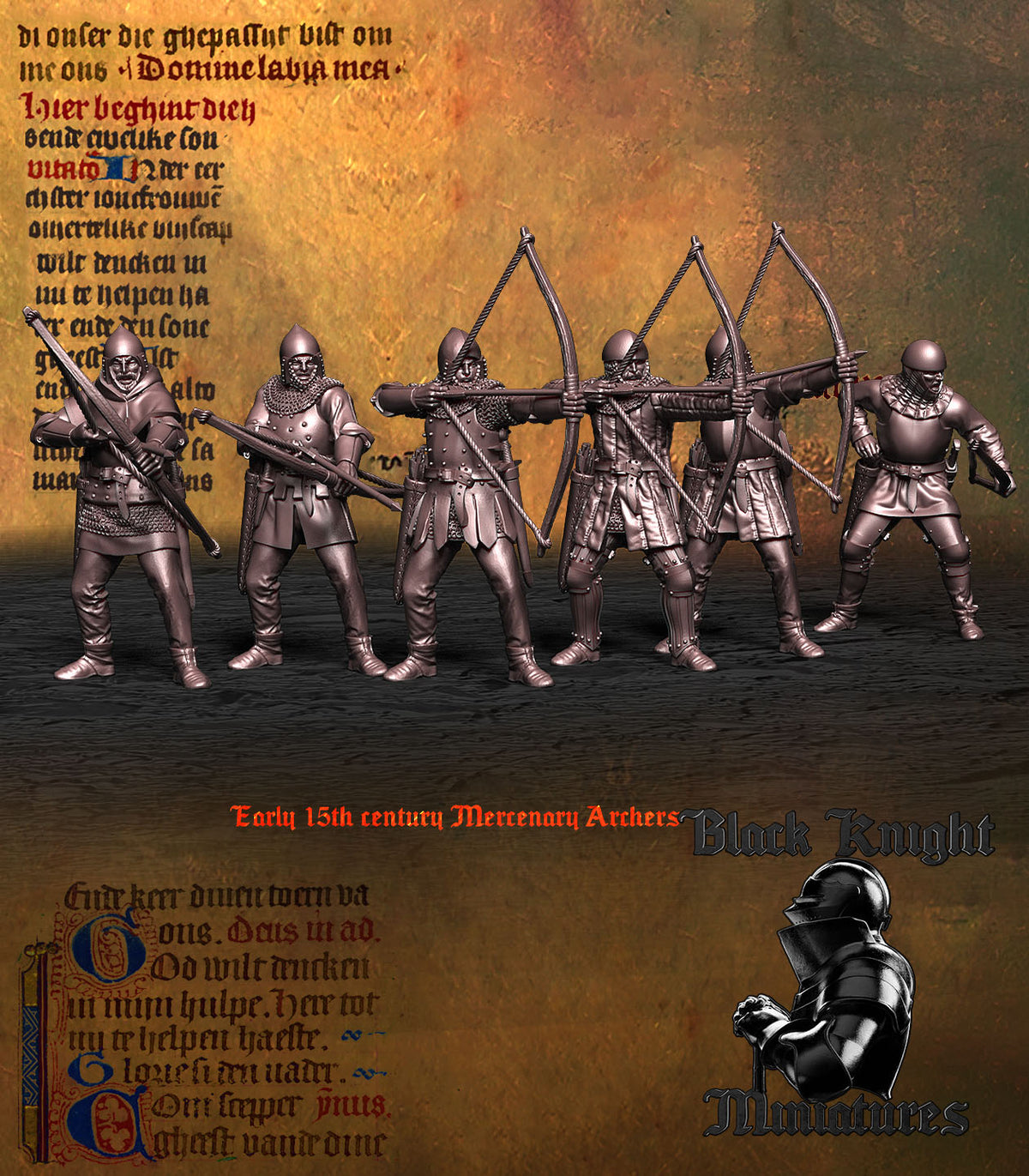 Early 15th Century Mercenary Archers, the six bowmen ranked as a unit with bows drawn, front left view, resin miniatures by Black Knight Miniatures