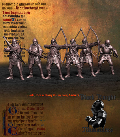 Early 15th Century Mercenary Archers, the six bowmen ranked as a unit with bows drawn, front left view, resin miniatures by Black Knight Miniatures