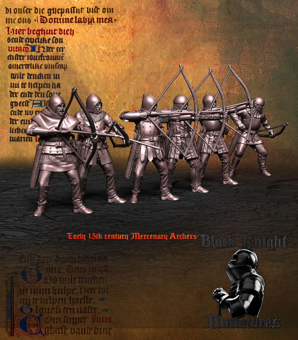 Early 15th Century Mercenary Archers, three-quarter view showing the armour and the drawn bows, Black Knight Miniatures render
