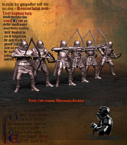 Early 15th Century Mercenary Archers, three-quarter view showing the armour and the drawn bows, Black Knight Miniatures render