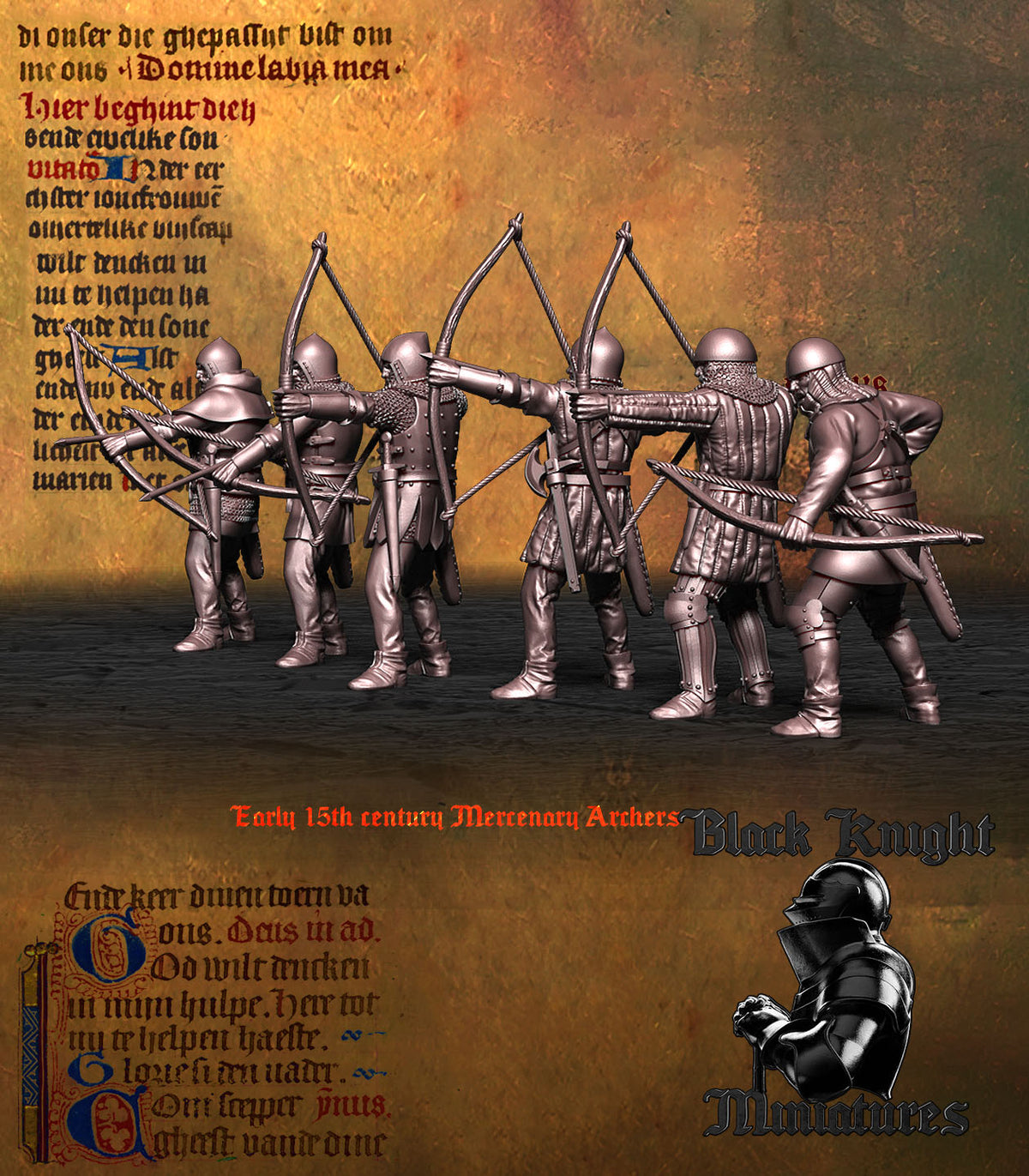 Early 15th Century Mercenary Archers, rear view showing quivers, sword belts and the backs of the jacks, Black Knight Miniatures render