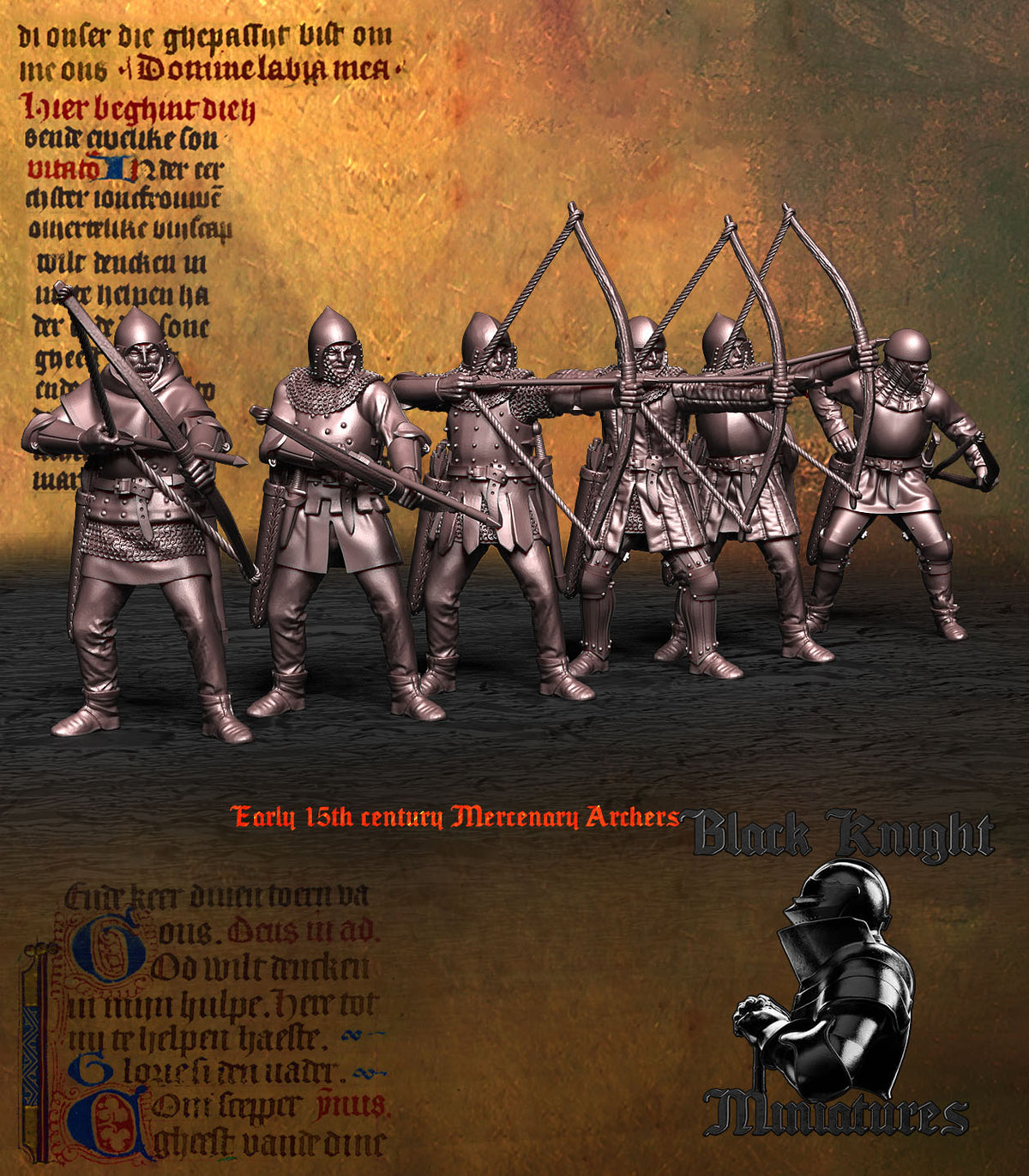 Early 15th Century Mercenary Archers, the unit from the front, bows and quivers visible, Black Knight Miniatures render