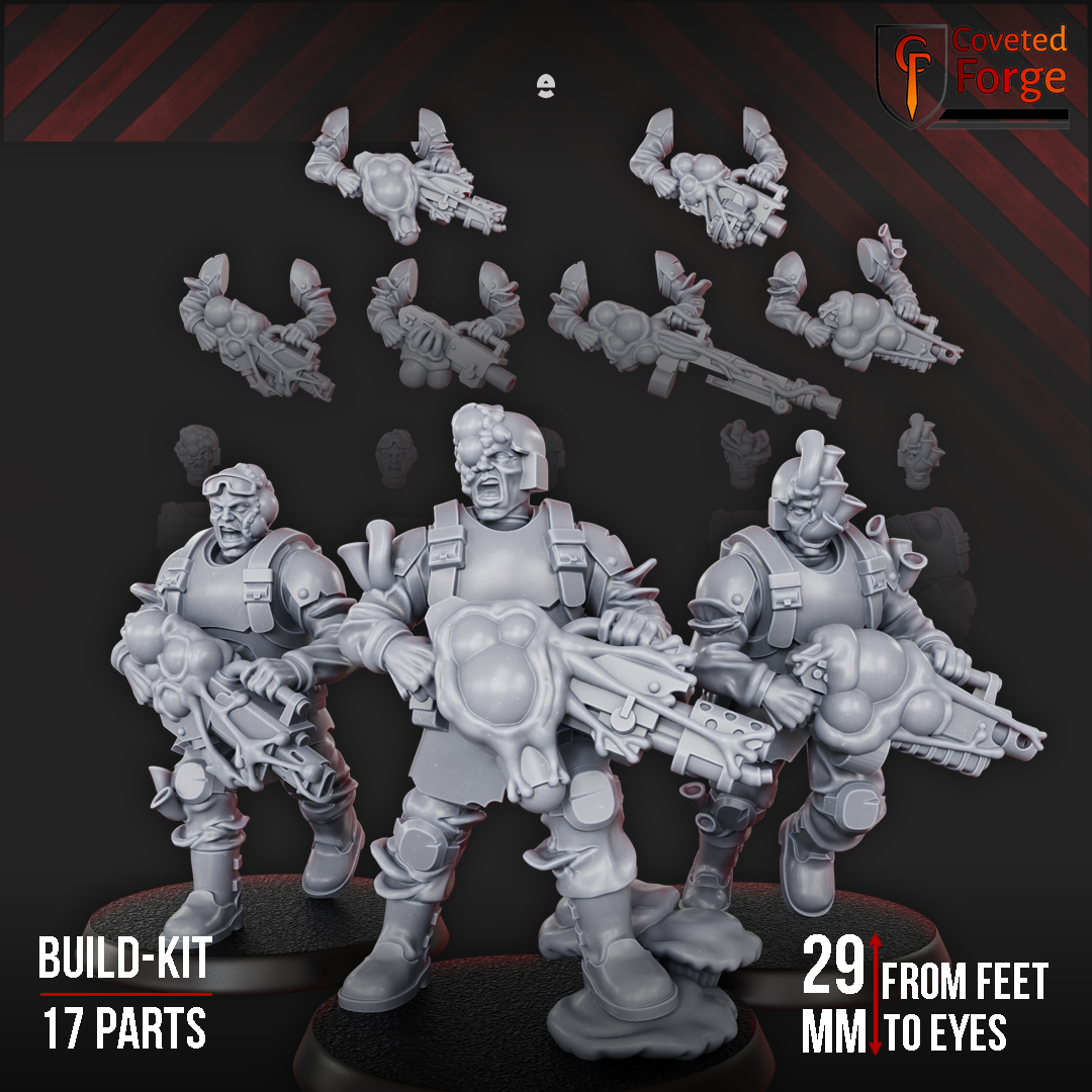 Render of Diseased PG Gunners Bits | 32mm Sci-Fi Renegade Guard Kit: Build-kit bits for diseased renegade-guard heavy gunners: five bodies, five heads, six special weapons. 3D printed resin, used as a traitor-guard proxy.