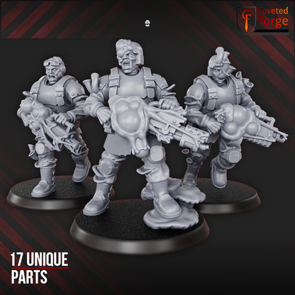 Render of Diseased PG Gunners Bits | 32mm Sci-Fi Renegade Guard Kit: Build-kit bits for diseased renegade-guard heavy gunners: five bodies, five heads, six special weapons. 3D printed resin, used as a traitor-guard proxy.