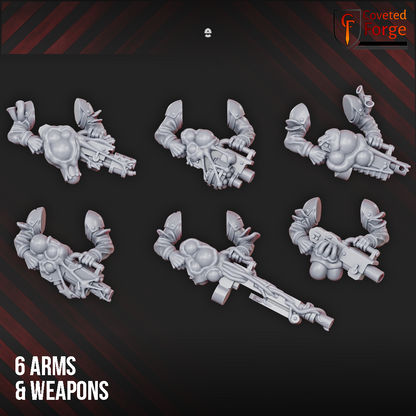 Render of Diseased PG Gunners Bits | 32mm Sci-Fi Renegade Guard Kit: Build-kit bits for diseased renegade-guard heavy gunners: five bodies, five heads, six special weapons. 3D printed resin, used as a traitor-guard proxy.