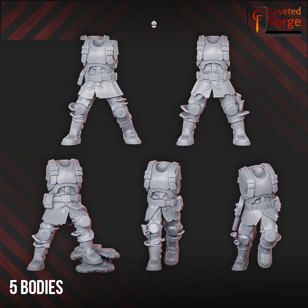 Render of Diseased PG Gunners Bits | 32mm Sci-Fi Renegade Guard Kit: Build-kit bits for diseased renegade-guard heavy gunners: five bodies, five heads, six special weapons. 3D printed resin, used as a traitor-guard proxy.