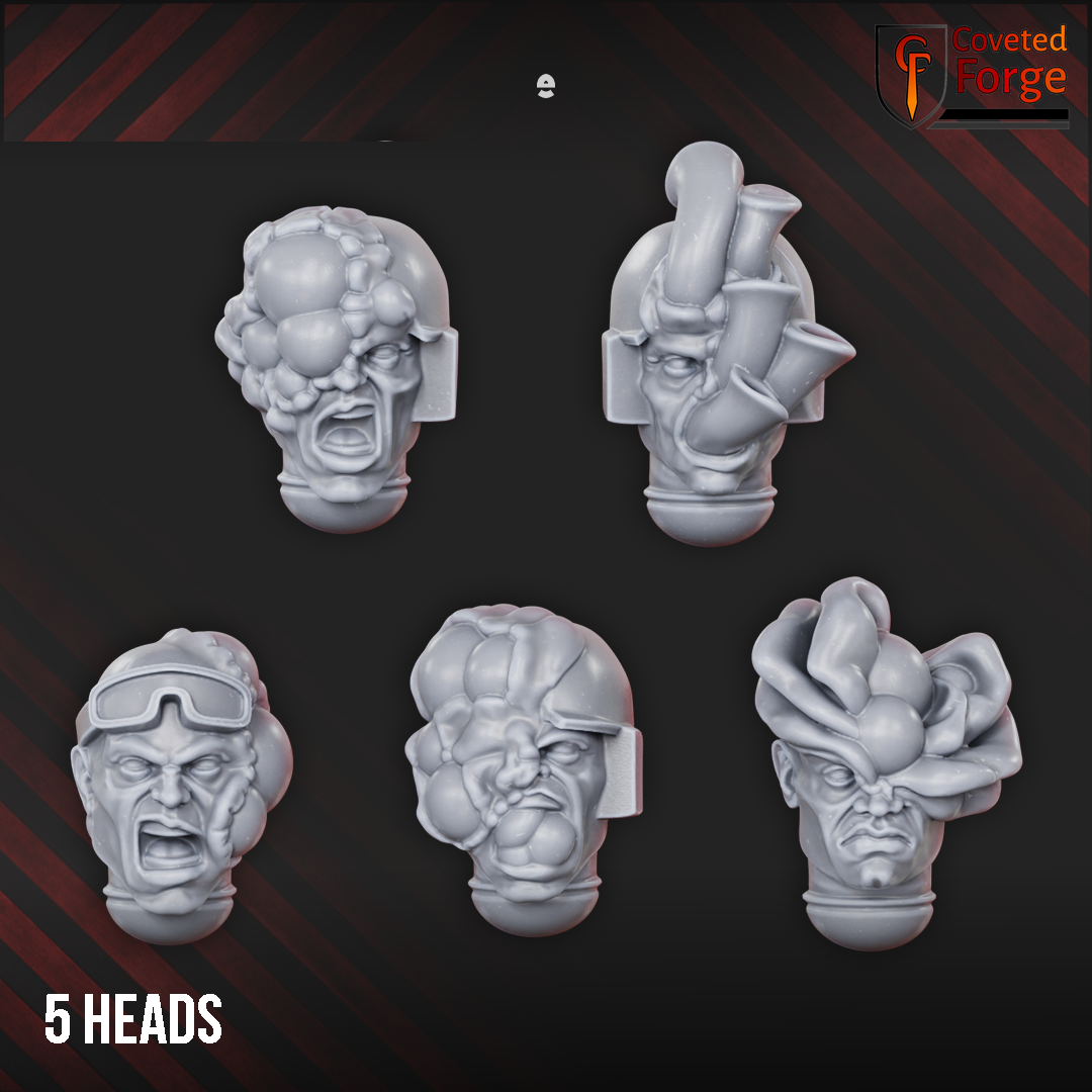 Render of Diseased PG Gunners Bits | 32mm Sci-Fi Renegade Guard Kit: Build-kit bits for diseased renegade-guard heavy gunners: five bodies, five heads, six special weapons. 3D printed resin, used as a traitor-guard proxy.
