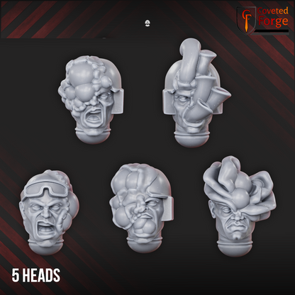 Render of Diseased PG Gunners Bits | 32mm Sci-Fi Renegade Guard Kit: Build-kit bits for diseased renegade-guard heavy gunners: five bodies, five heads, six special weapons. 3D printed resin, used as a traitor-guard proxy.