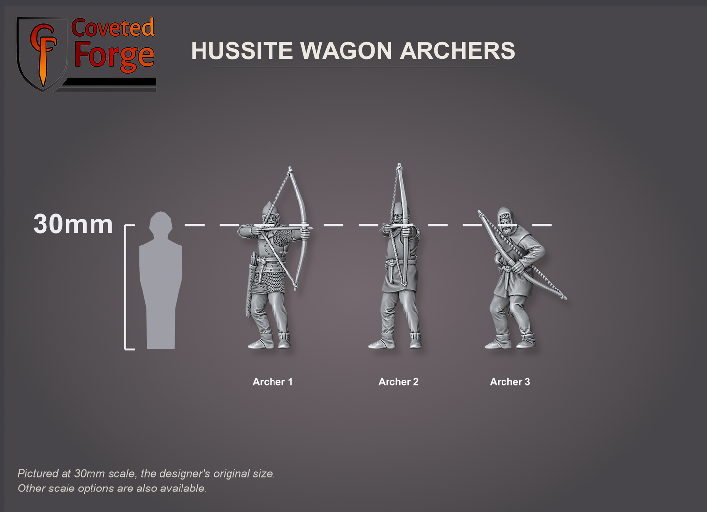 Hussite archers size reference at 30mm scale beside a human silhouette