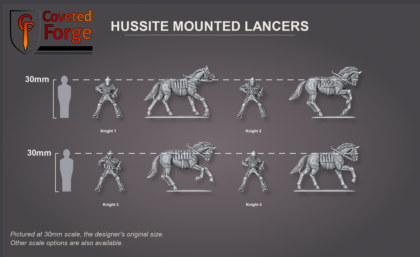 Hussite mounted lancers size reference: rider and horse at 30mm scale beside a human silhouette