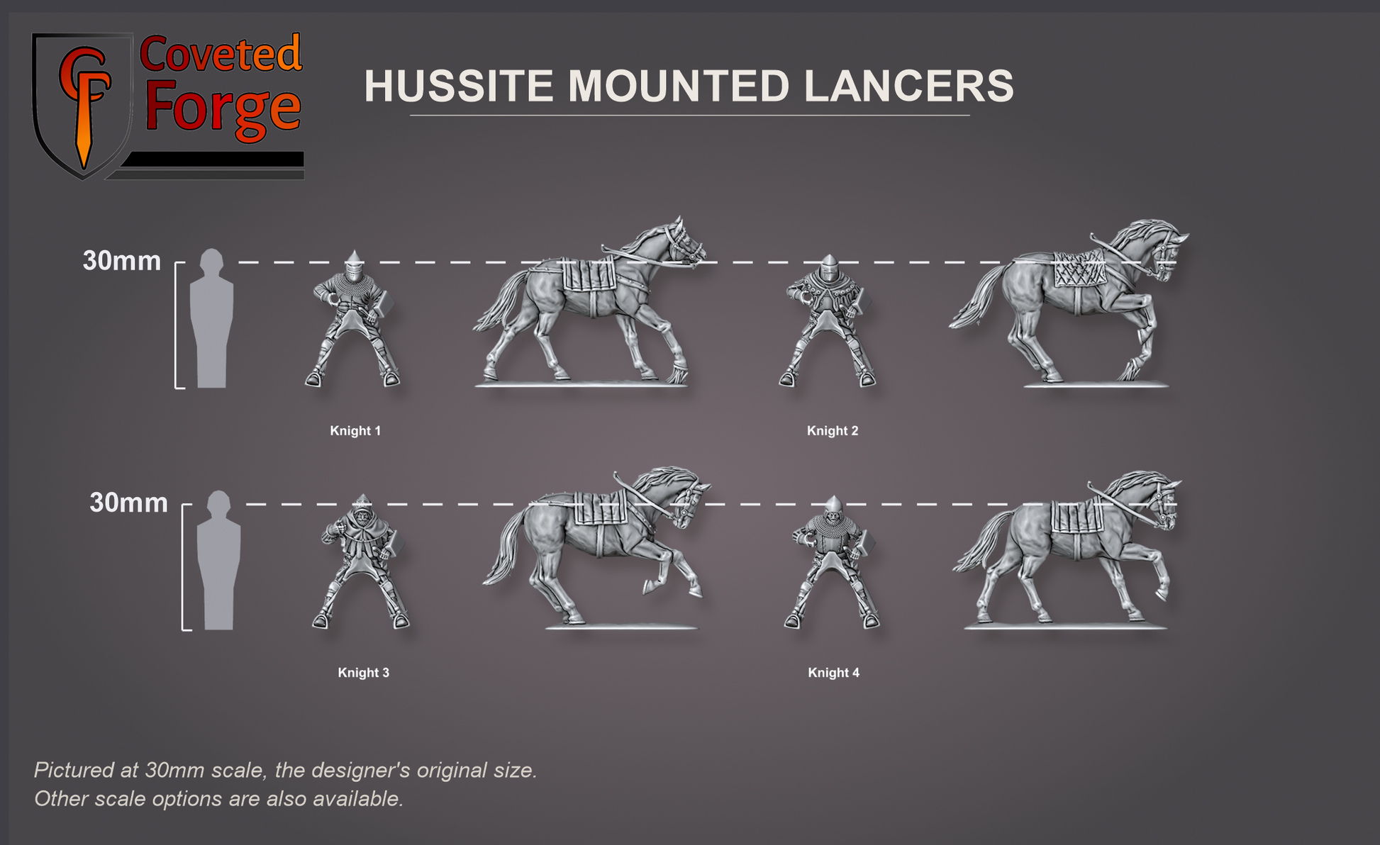 Hussite mounted lancers size reference: rider and horse at 30mm scale beside a human silhouette