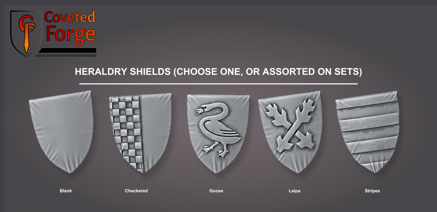 Five heraldic shield options for Hussite lancers: Blank, Checkered, Goose, Leipa, Stripes