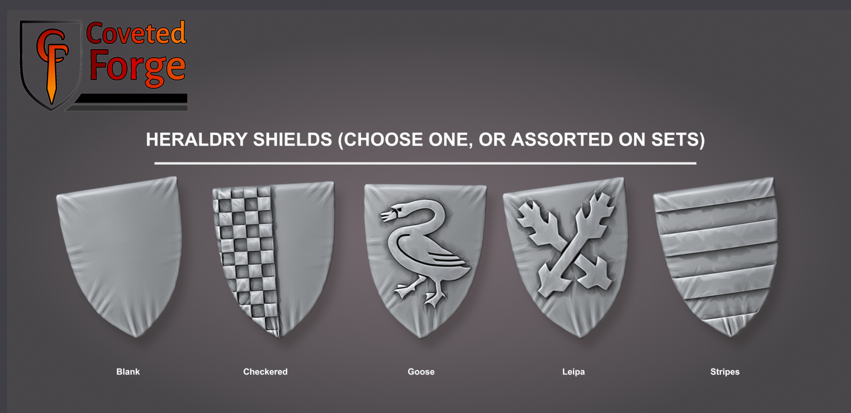 Five heraldic shield options for Hussite lancers: Blank, Checkered, Goose, Leipa, Stripes
