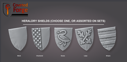 Five heraldic shield options for Hussite lancers: Blank, Checkered, Goose, Leipa, Stripes