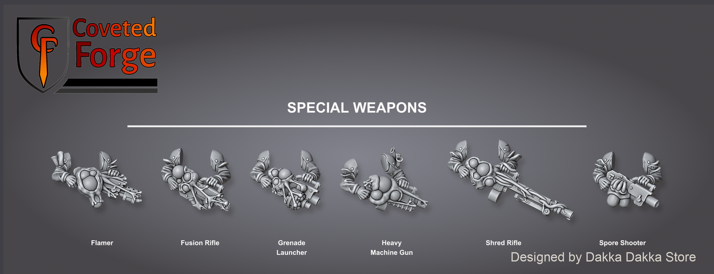 Render of Diseased PG Gunners Bits | 32mm Sci-Fi Renegade Guard Kit: Build-kit bits for diseased renegade-guard heavy gunners: five bodies, five heads, six special weapons. 3D printed resin, used as a traitor-guard proxy.