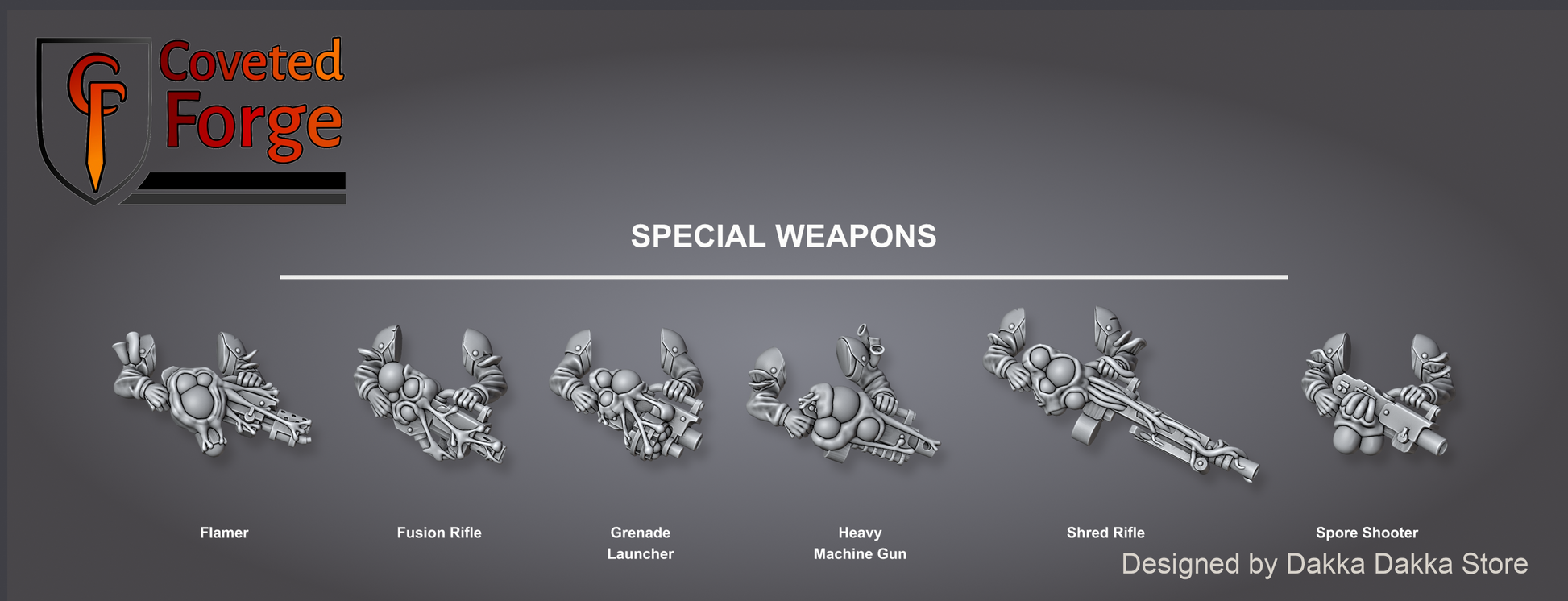 Render of Diseased PG Gunners Bits | 32mm Sci-Fi Renegade Guard Kit: Build-kit bits for diseased renegade-guard heavy gunners: five bodies, five heads, six special weapons. 3D printed resin, used as a traitor-guard proxy.