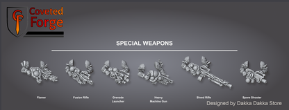 Render of Diseased PG Gunners Bits | 32mm Sci-Fi Renegade Guard Kit: Build-kit bits for diseased renegade-guard heavy gunners: five bodies, five heads, six special weapons. 3D printed resin, used as a traitor-guard proxy.