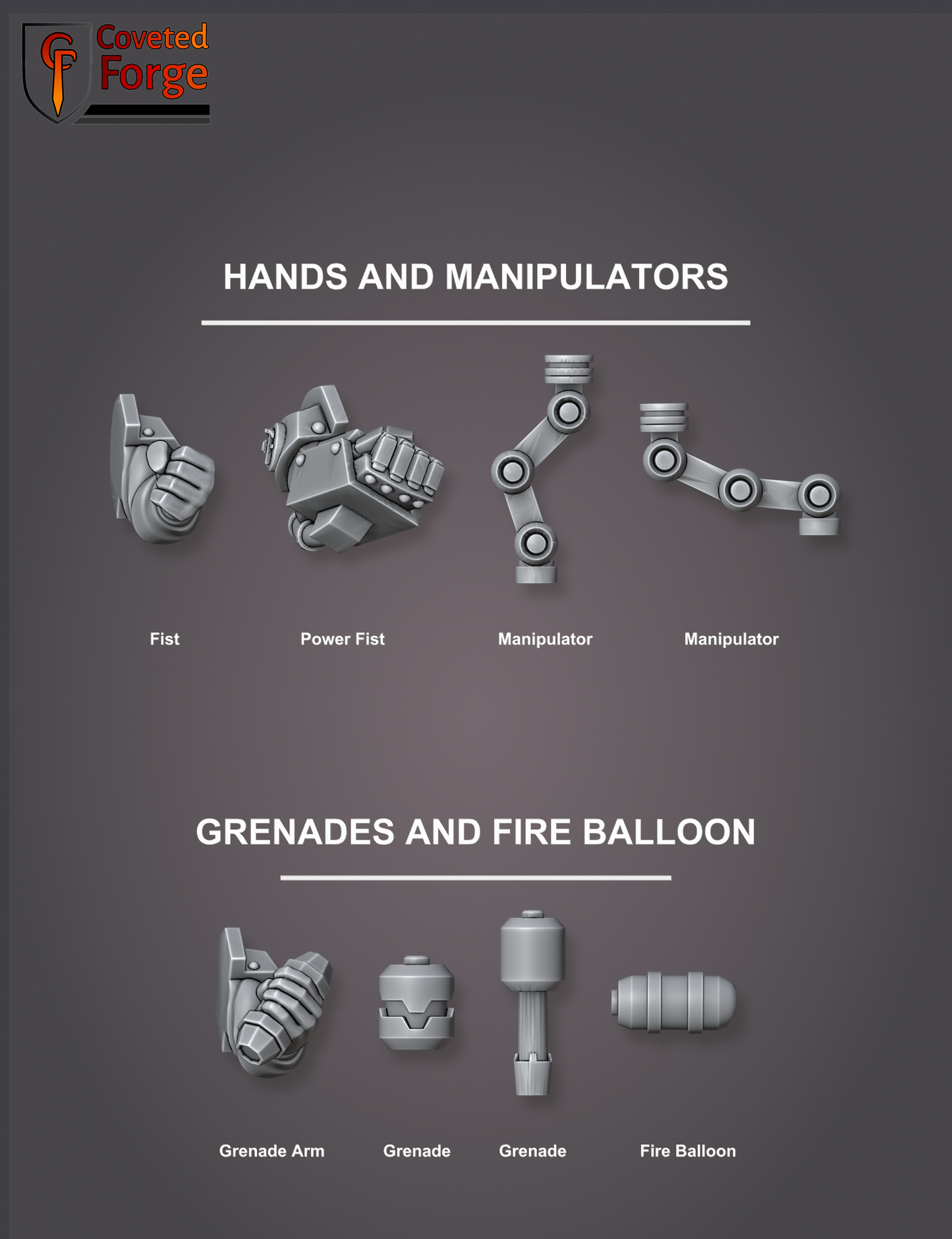 Black Mountain Diggers hand and accessory bits, labeled: fist, power fist, manipulators, grenade arm, grenades, fire balloon