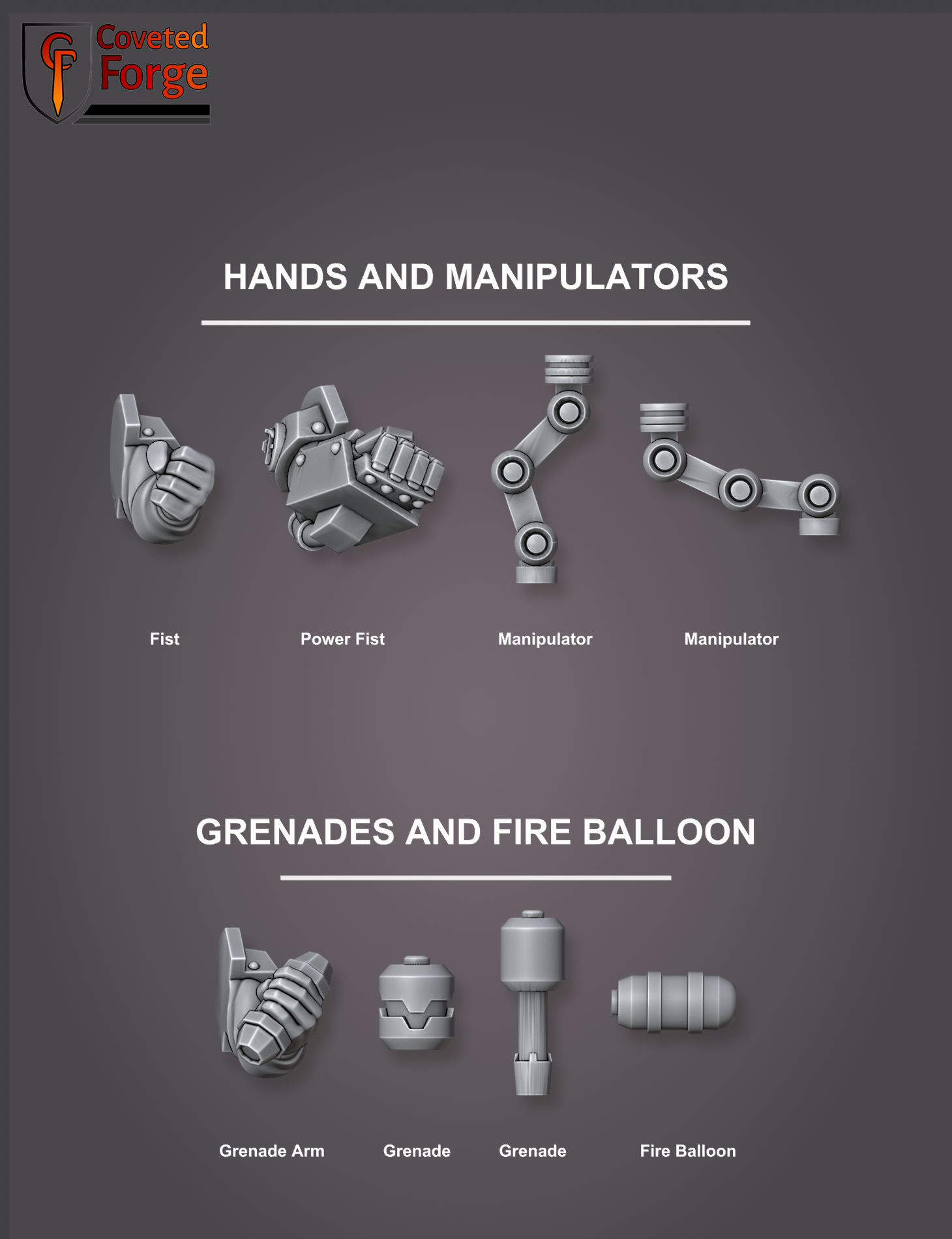 Black Mountain Diggers hand and accessory bits, labeled: fist, power fist, manipulators, grenade arm, grenades, fire balloon
