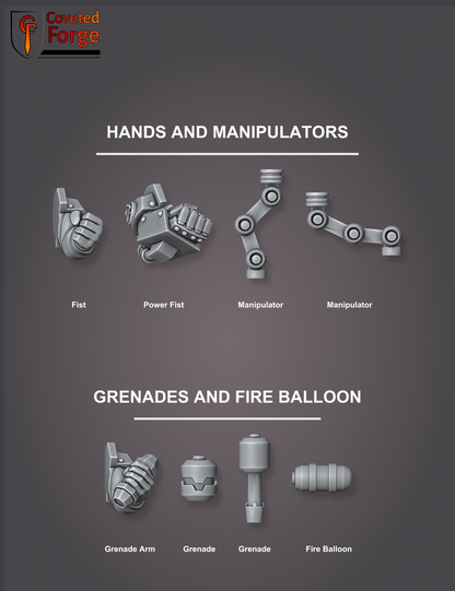 Black Mountain Diggers hand and accessory bits, labeled: fist, power fist, manipulators, grenade arm, grenades, fire balloon