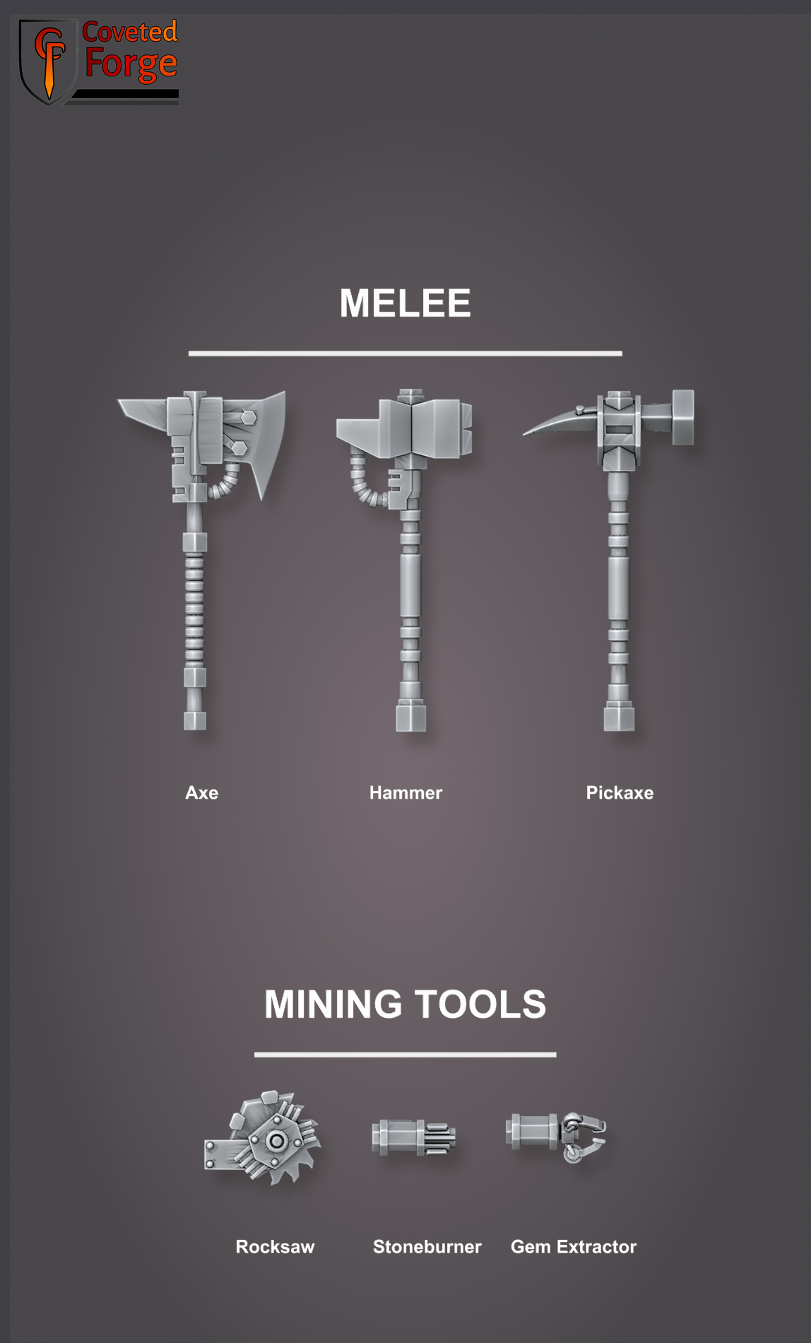 Black Mountain Diggers melee and mining tool bits, labeled: axe, hammer, pickaxe, rocksaw, stoneburner, gem extractor