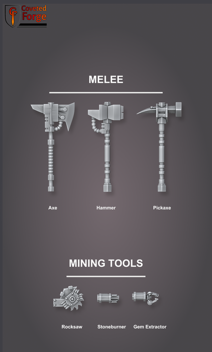 Black Mountain Diggers melee and mining tool bits, labeled: axe, hammer, pickaxe, rocksaw, stoneburner, gem extractor