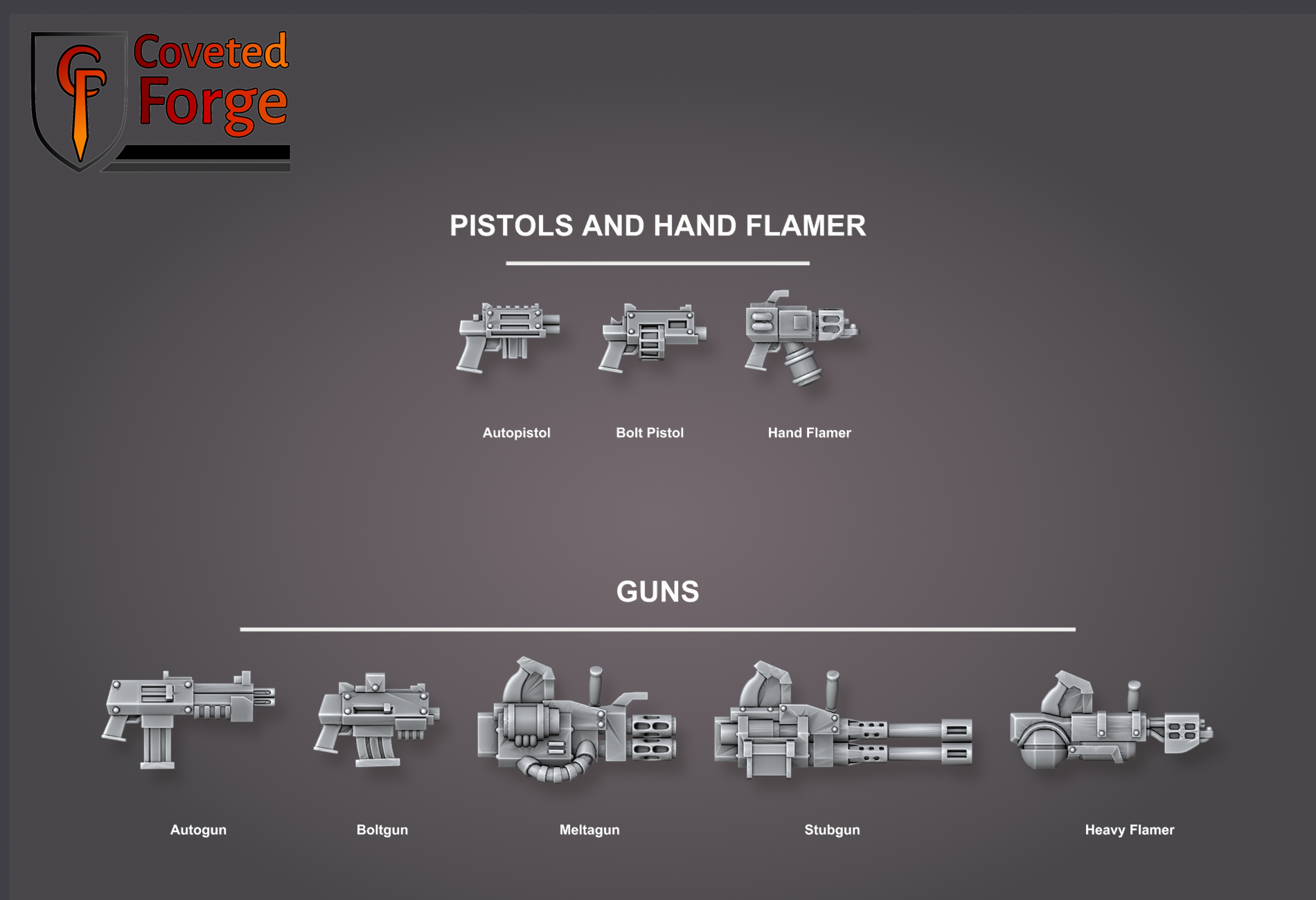 Black Mountain Diggers ranged weapon bits, labeled: pistols, hand flamer, autogun, boltgun, meltagun, stubgun, heavy flamer