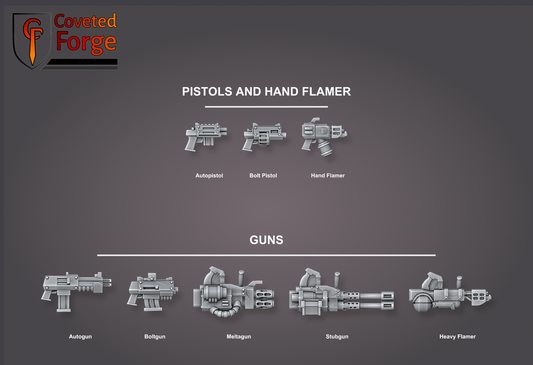 Black Mountain Diggers ranged weapon bits, labeled: pistols, hand flamer, autogun, boltgun, meltagun, stubgun, heavy flamer