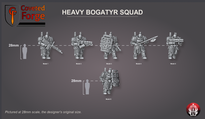 Coveted Forge scale reference: the six Heavy Bogatyr Squad models, Model 1 to 6 in dropdown order, beside a 28mm human silhouette