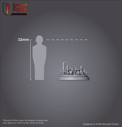 Scale reference: Boneyard Base at 32mm scale beside a 32mm human silhouette
