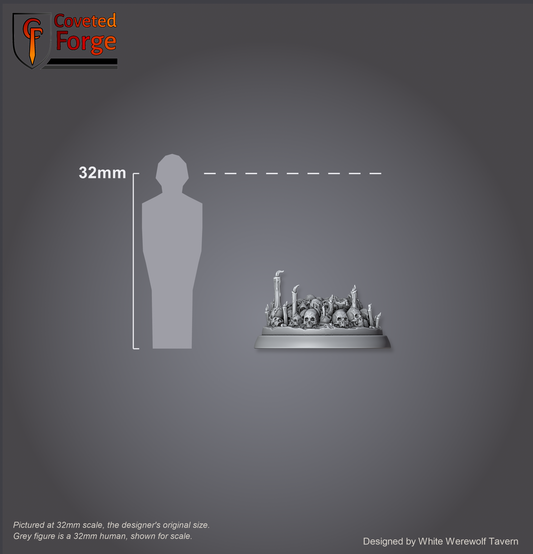 Scale reference: Boneyard Base at 32mm scale beside a 32mm human silhouette