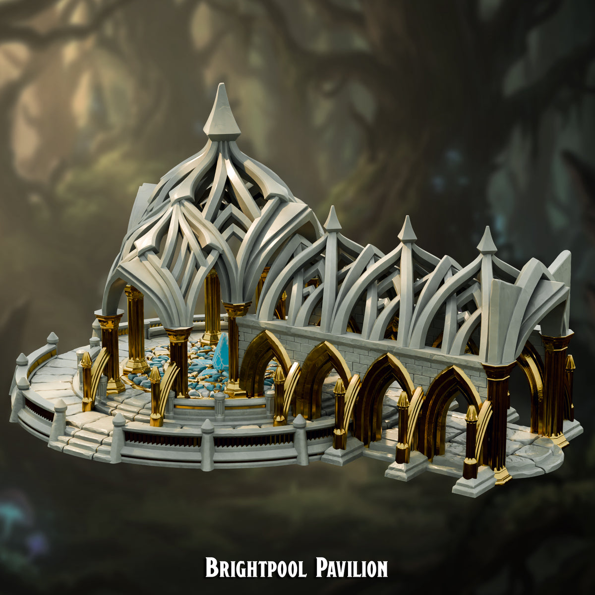 Brightpool Pavilion fey elf terrain, a columned dome over a crystal pool with a gold-arched colonnade wing, 3D printed at 30mm by The Printing Goes Ever On