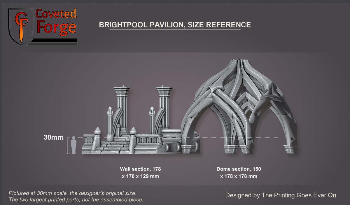 Coveted Forge size reference: the two largest Brightpool Pavilion parts, a wall section 178 x 170 x 129 mm and a dome section 150 x 178 x 178 mm at 30mm the original scale, beside a 30mm human silhouette