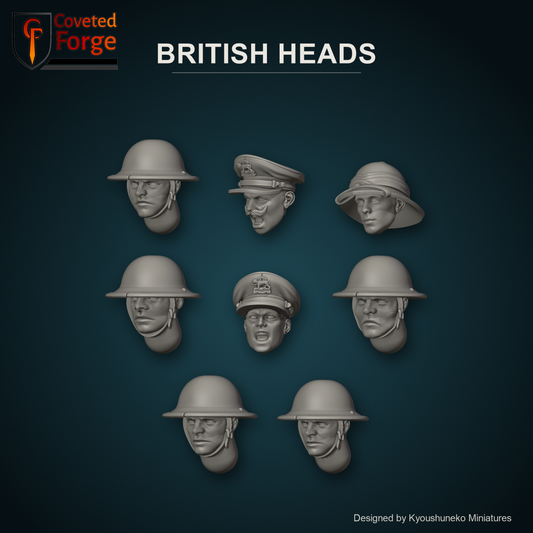 British Heads by Kyoushuneko Miniatures: 8 heads across all 3 styles (Infantry (Brodie Helmets), Far East Officers and HQ Escort Riflemen (Pith Helmets)) in warm clay on a dark teal backdrop, unpainted 3D-printed resin heads with neck pegs for 28mm, 32mm and 35mm conversions.