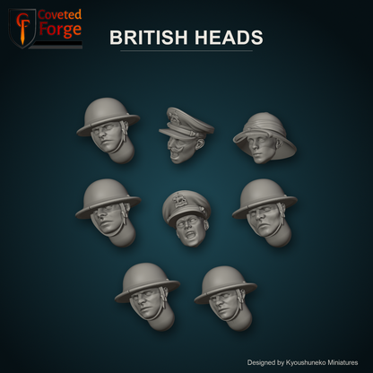 British Heads by Kyoushuneko Miniatures: 8 heads across all 3 styles (Infantry (Brodie Helmets), Far East Officers and HQ Escort Riflemen (Pith Helmets)) in warm clay on a dark teal backdrop, unpainted 3D-printed resin heads with neck pegs for 28mm, 32mm and 35mm conversions.