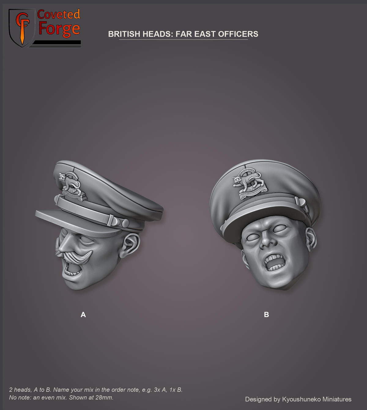 Coveted Forge bits sheet: Heads (2 of 2), British Heads Far East Officers style guide, 2 different heads lettered A to B to name in the order note, shown at 28mm, resin heads by Kyoushuneko Miniatures.