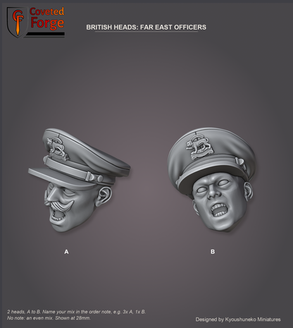 Coveted Forge bits sheet: Heads (2 of 2), British Heads Far East Officers style guide, 2 different heads lettered A to B to name in the order note, shown at 28mm, resin heads by Kyoushuneko Miniatures.