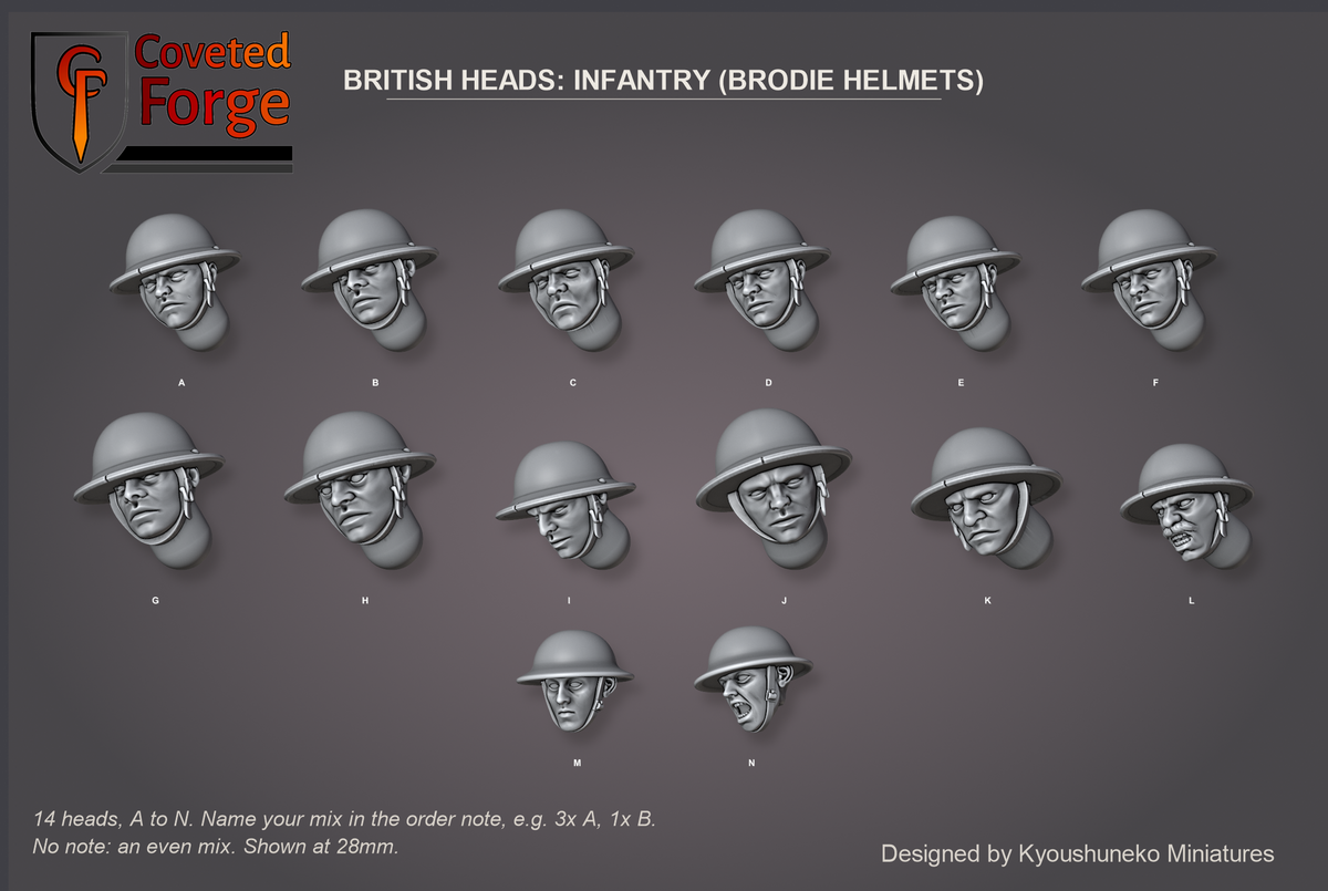 Coveted Forge bits sheet: Heads (1 of 2), British Heads Infantry (Brodie Helmets) style guide, 14 different heads lettered A to N to name in the order note, shown at 28mm, resin heads by Kyoushuneko Miniatures.