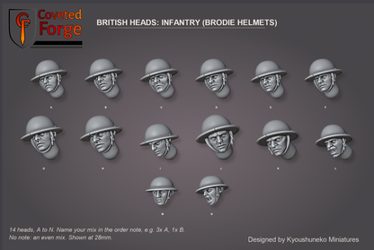 Coveted Forge bits sheet: Heads (1 of 2), British Heads Infantry (Brodie Helmets) style guide, 14 different heads lettered A to N to name in the order note, shown at 28mm, resin heads by Kyoushuneko Miniatures.