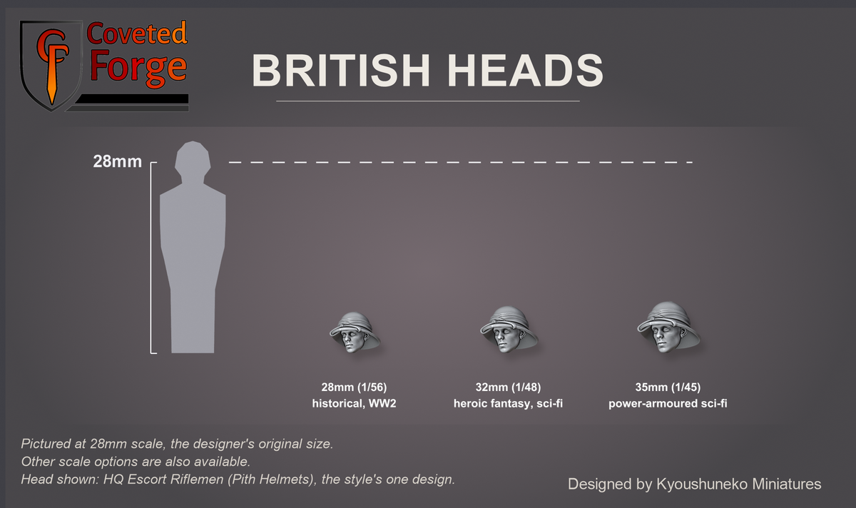 Coveted Forge scale reference: one British HQ Escort Riflemen (Pith Helmets) head, that style's one head design, at 28mm, 32mm and 35mm scale beside a 28mm human silhouette, front three-quarter view, each scale labelled with the ranges it suits; 28mm is the designer's original size, 32mm and 35mm options are also available; every head is the same scale.