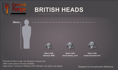 Coveted Forge scale reference: one British HQ Escort Riflemen (Pith Helmets) head, that style's one head design, at 28mm, 32mm and 35mm scale beside a 28mm human silhouette, front three-quarter view, each scale labelled with the ranges it suits; 28mm is the designer's original size, 32mm and 35mm options are also available; every head is the same scale.