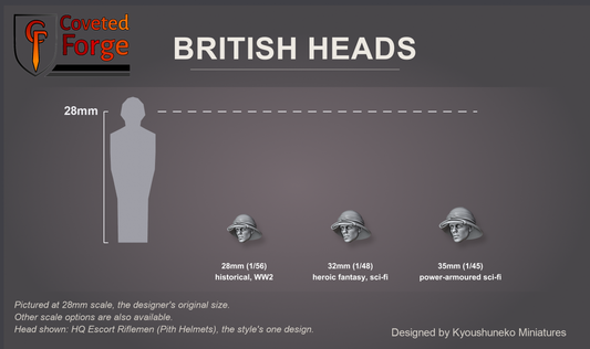 Coveted Forge scale reference: one British HQ Escort Riflemen (Pith Helmets) head, that style's one head design, at 28mm, 32mm and 35mm scale beside a 28mm human silhouette, front three-quarter view, each scale labelled with the ranges it suits; 28mm is the designer's original size, 32mm and 35mm options are also available; every head is the same scale.